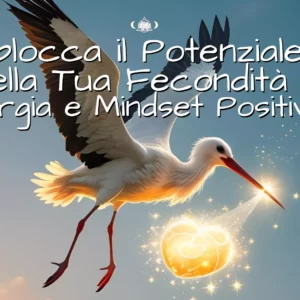 copertina del corso online Sblocca il Potenziale della Tua Fecondità Energia e Mindset Positivo una cicogna che porta un sogno in un fagotto