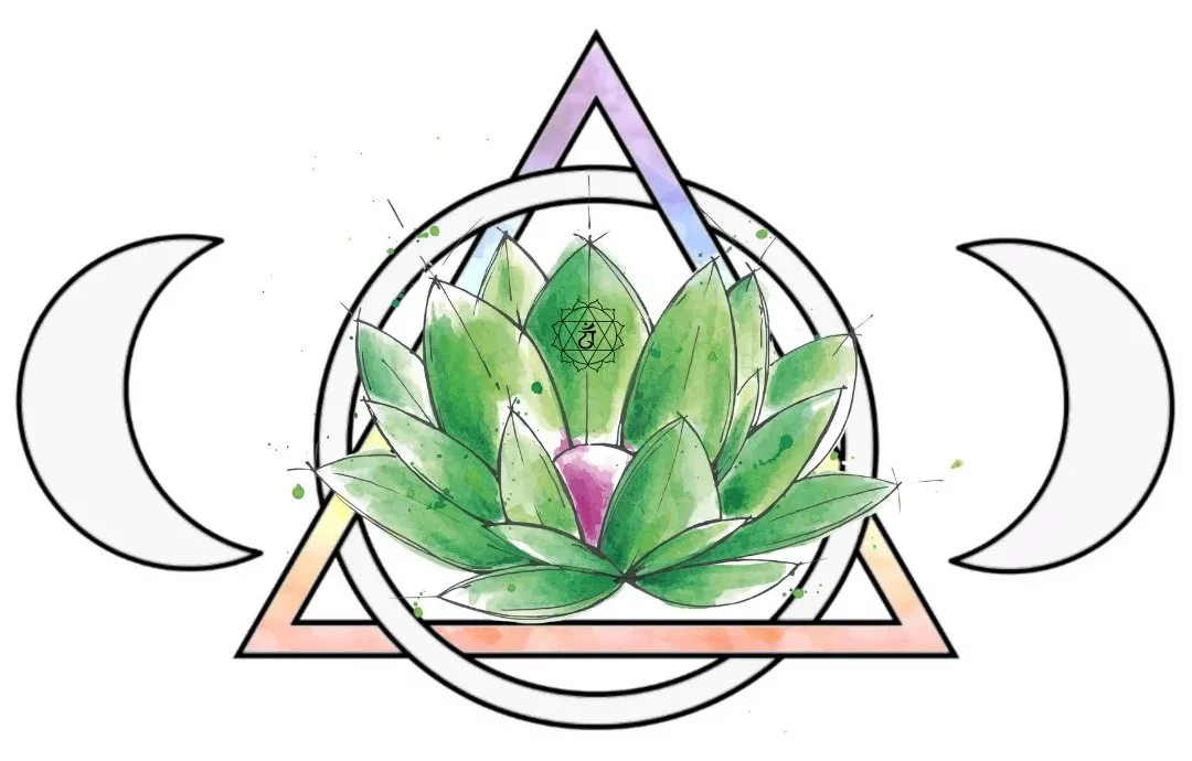 Logo dello studio Olistico Cuore di Loto di Prisca Stanga-Rizzi, Pollegio, Ticino. Un triangolo rivolto verso l'alto che simboleggia il contatto con il divino, risultato di anima corpo e mente allineati, si interseca con le fasi lunari che rappresentano il ciclo della vita. Dove triangolo e cerchio si uniscono c'è la fusione del maschile e femminile che rivelano al loro interno un fiore di loto verde con il centro rosa che simboleggia il chakra del cuore e il potere di trasformazione.