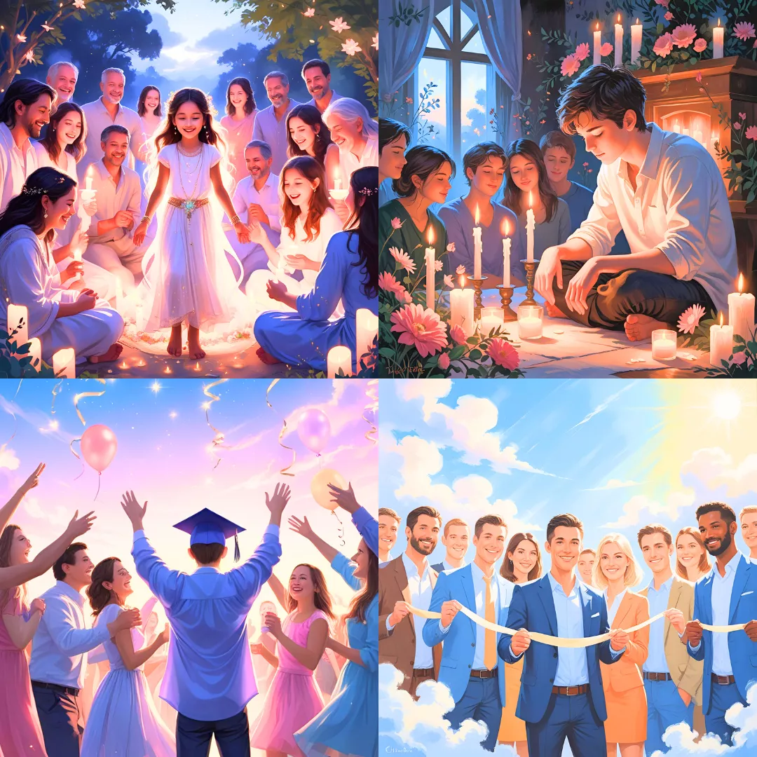 rituali - quattro immagini che rappresentano le tappe importanti nella vita, celebrate attraverso un rituale sacro - cuore di loto