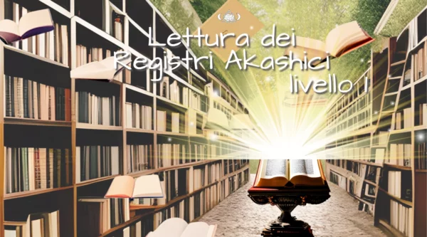 copertina iniziazione ai registri akashici, un libro luminoso al centro della biblioteca Akashica