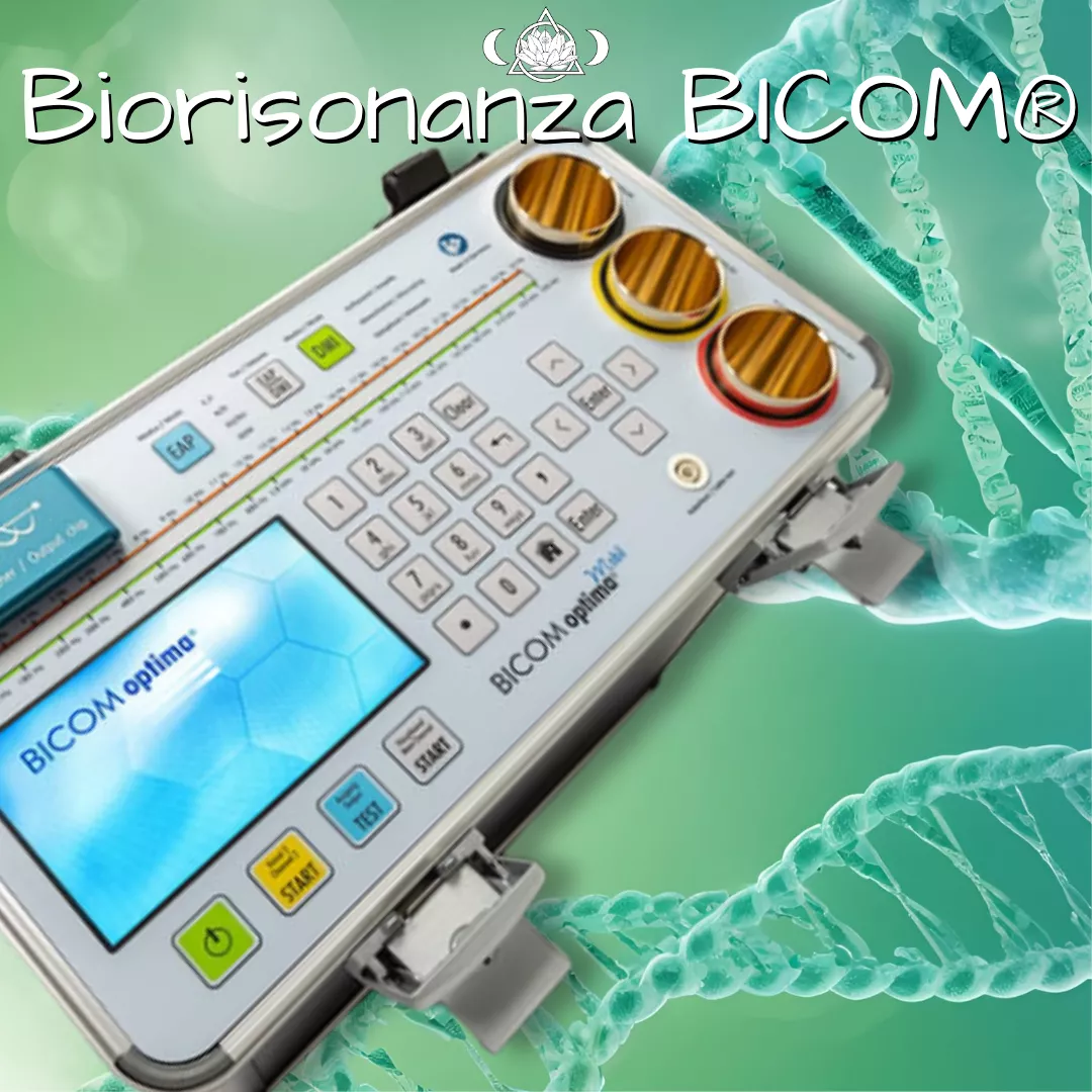 apparecchio di biorisonanza bicom che fluttua sopre delle catene di dna - Cuore di Loto