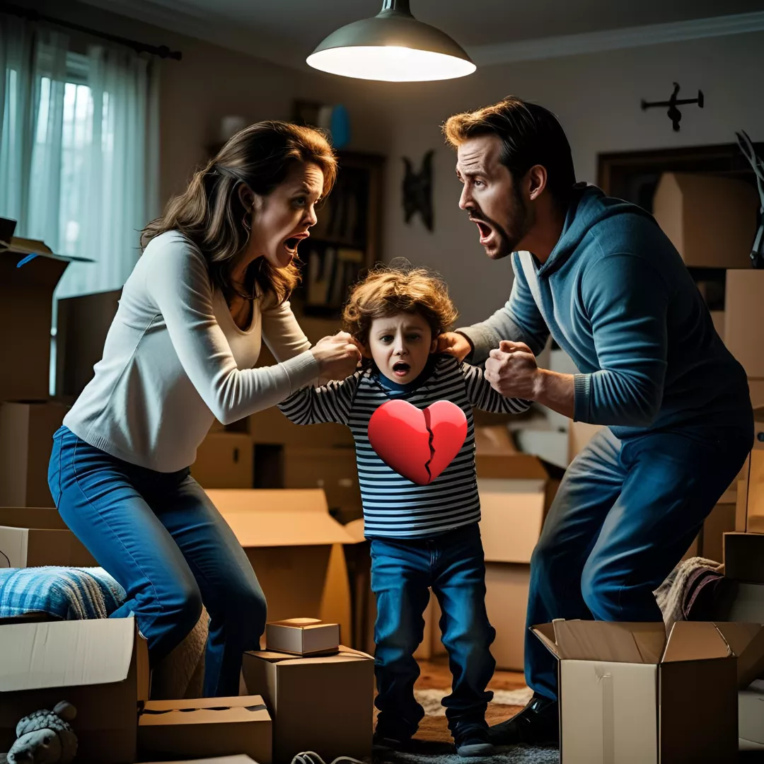 due genitori durante un divorzio o una separazione, che litigano mettendo in mezzo il figlio a cui si spezza il cuore