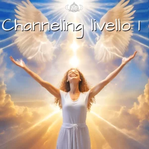 donna felice di comunicare con i suoi esseri di luce, copertina lunga del corso di channeling livello 1 di cuore di loto